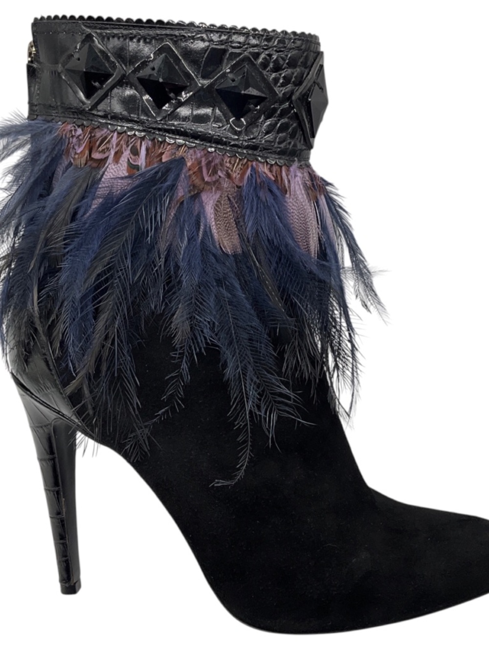 CHRISTIAN DIOR BLACK / PURPLE / BLUE FEATHER EMBELLISHED SUEDE ANKLE BOOTIES WIT - Picture 2 of 8